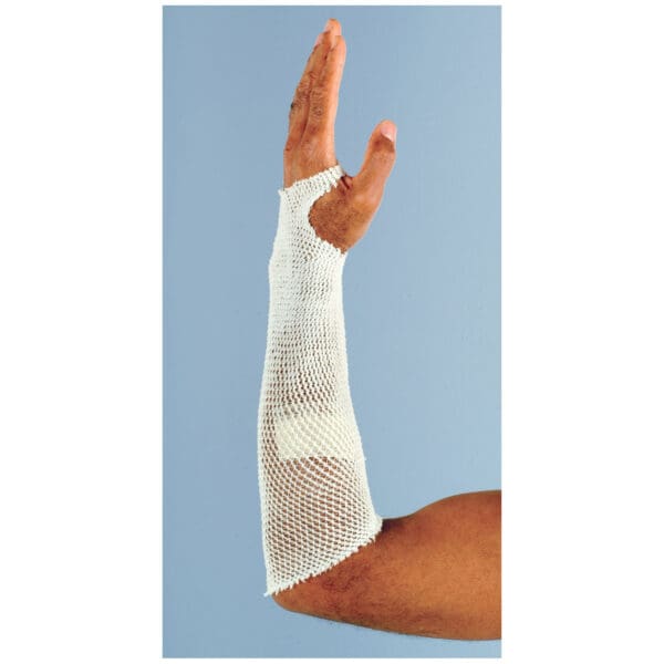 A man's arm with a white mesh sleeve on it.