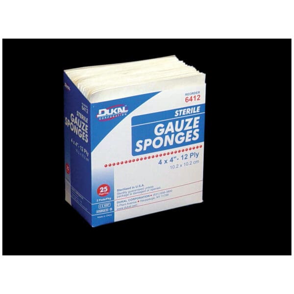 A box of gauze swabs on a white background.