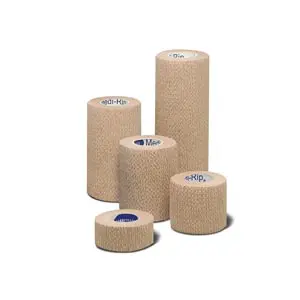 Four rolls of tan bandages on a white background.