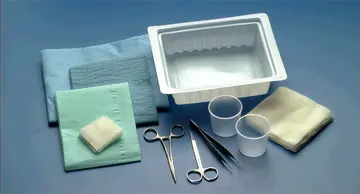 A set of surgical supplies on a blue background.