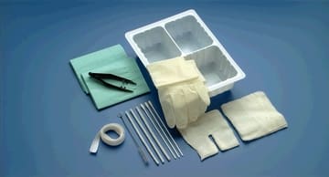 A surgical kit with gloves, gloves and a box.