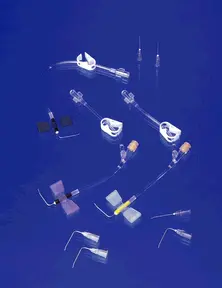 A variety of medical equipment on a blue background.