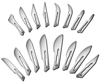 A group of knives arranged in a circle on a white background.