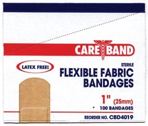 A box of care band flexible fabric bandages.