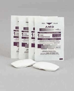 Four packets of amd sterile wipes on a white background.