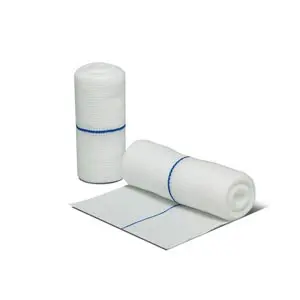 Two rolls of white bandages on a white background.