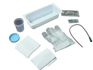 A set of medical supplies including gloves, gauze and other items.