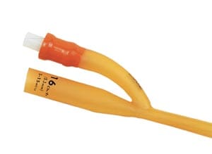 A yellow and orange tube with a white handle.