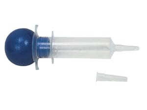 A blue plastic syringe with a blue tip.