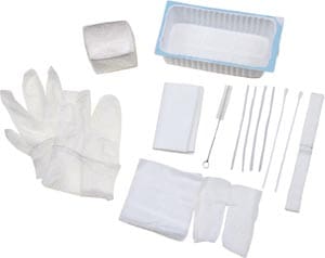 A medical kit with gloves, gloves, and a syringe.