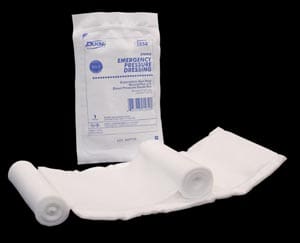 A white roll of bandage and a package of white bandage.