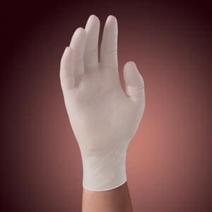 A person's hand holding a pair of white latex gloves.