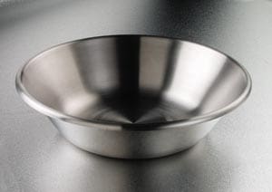 A stainless steel bowl on a metal surface.