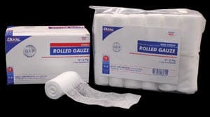 A white roll of gauze and a package of white gauze.