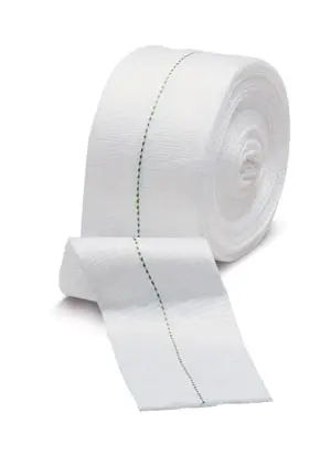 A roll of white bandage on a white background.