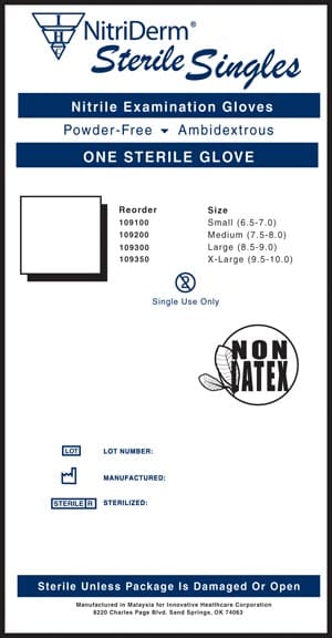 Nitiderm nitrile singles sterile examination gloves.