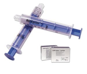 A blue syringe and a box of blue syringes.