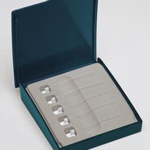 A blue box containing a set of silver earrings.