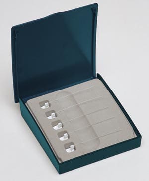 A blue box containing a set of silver earrings.