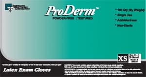 A box of proderm latex exam gloves.