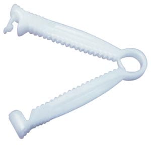 A pair of plastic hooks on a white background.