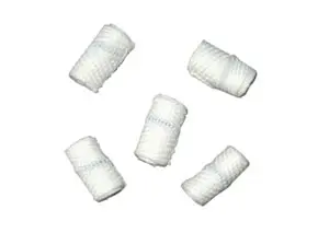 Five white bandages on a white surface.