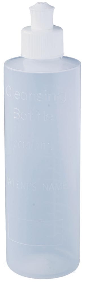 A clear plastic bottle with a white lid.