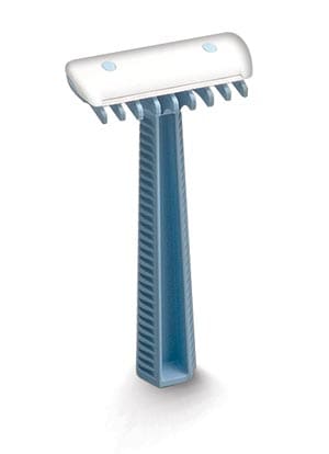 A blue and white shaving razor on a white background.