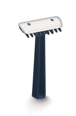 A blue and white shaving razor on a white background.