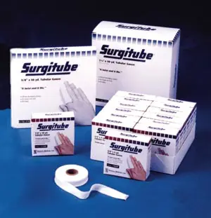 A box of surgical gloves and a roll of tape.