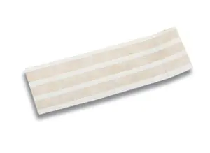 A white and beige stripe bandage on a white background.