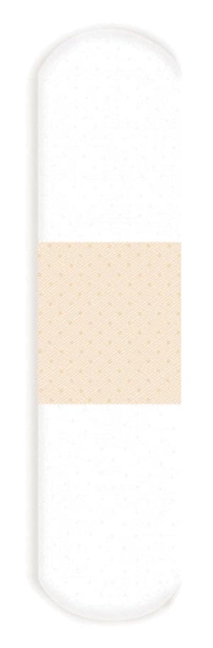 A white bandage with a beige stripe on it.