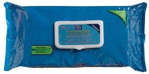 A pack of blue wipes on a white background.