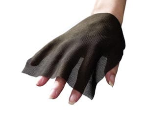 A woman's hand with a black glove on it.