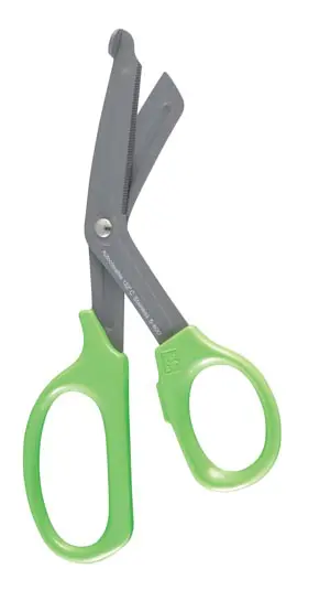 A pair of green scissors on a white background.