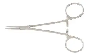 A pair of surgical scissors on a white background.