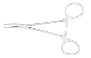 A pair of surgical scissors on a white background.