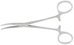 A pair of surgical scissors on a white background.