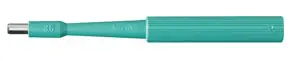 A teal colored plastic connector on a white background.