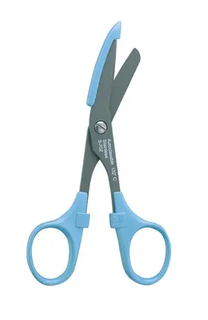 A pair of scissors with blue handles on a white background.