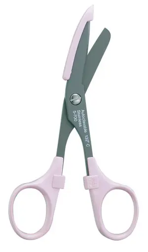 A pair of pink scissors on a white background.