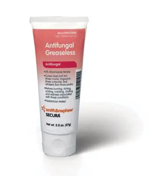 A tube of antifungal cream on a white background.