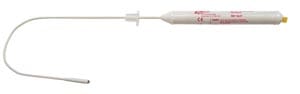 A white and red syringe with a needle.