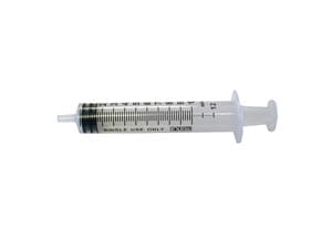 An injection syringe on a white background.