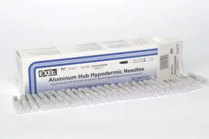 A box of aluminum hypodermic needles on a white background.