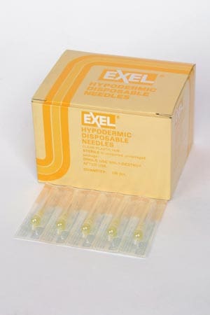 A box of exel syringes on a white background.