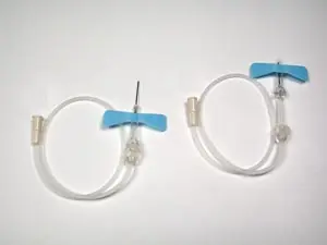 A pair of blue and white hoses on a white surface.