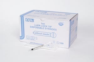 A box of disposable syringes on a white background.