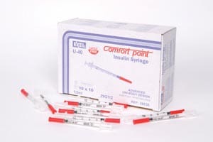 A box of red and white syringes on a white background.