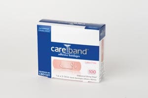 A box of careband bandages on a white background.